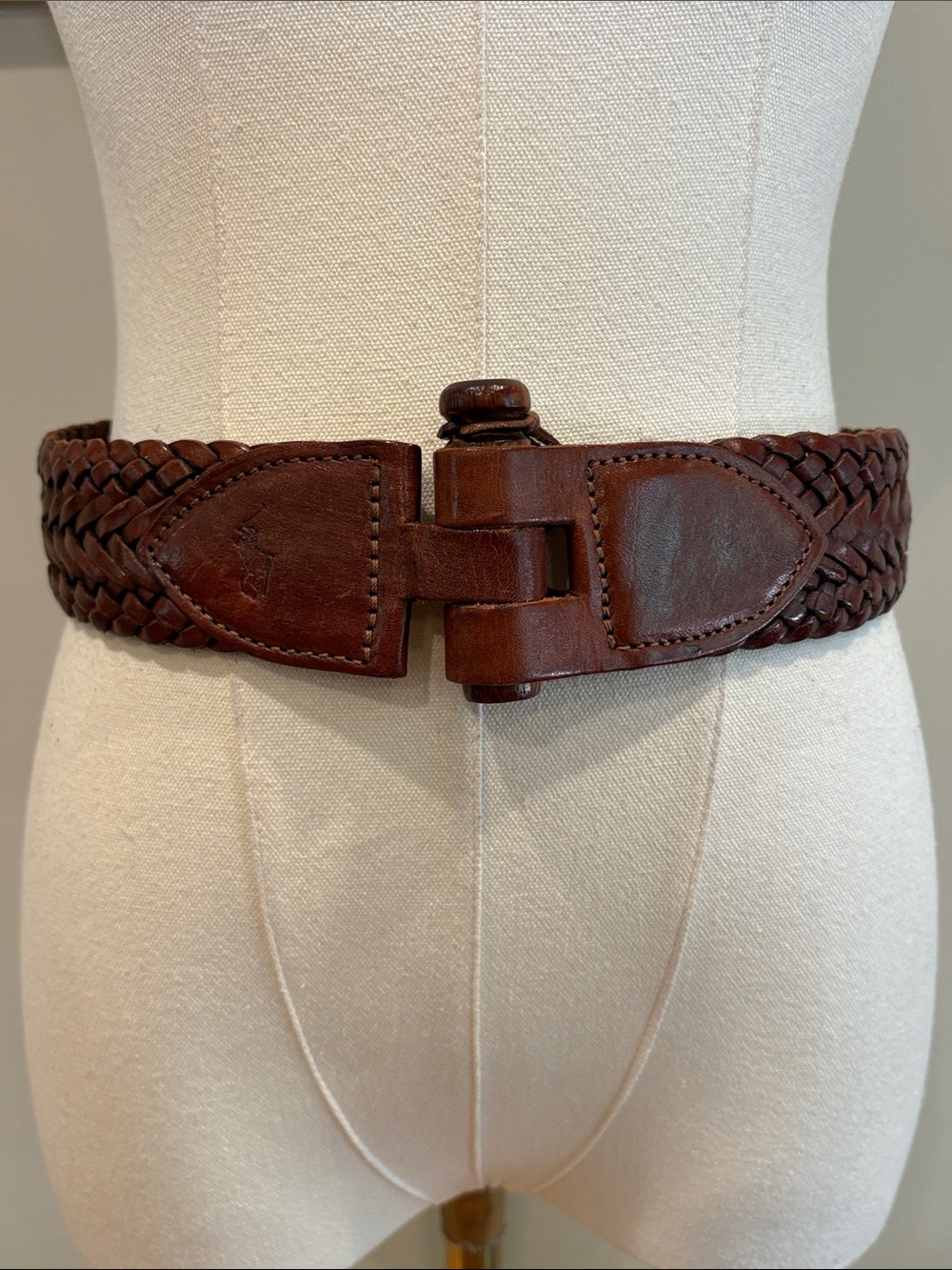 Vintage Ralph Lauren 80s Braided Leather Wood Peg Belt Made in Gt Britain size M